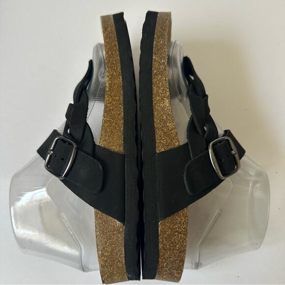 Black Leather Sandals Braid Thong Cork Footbed size US 8 - Picture 4 of 10